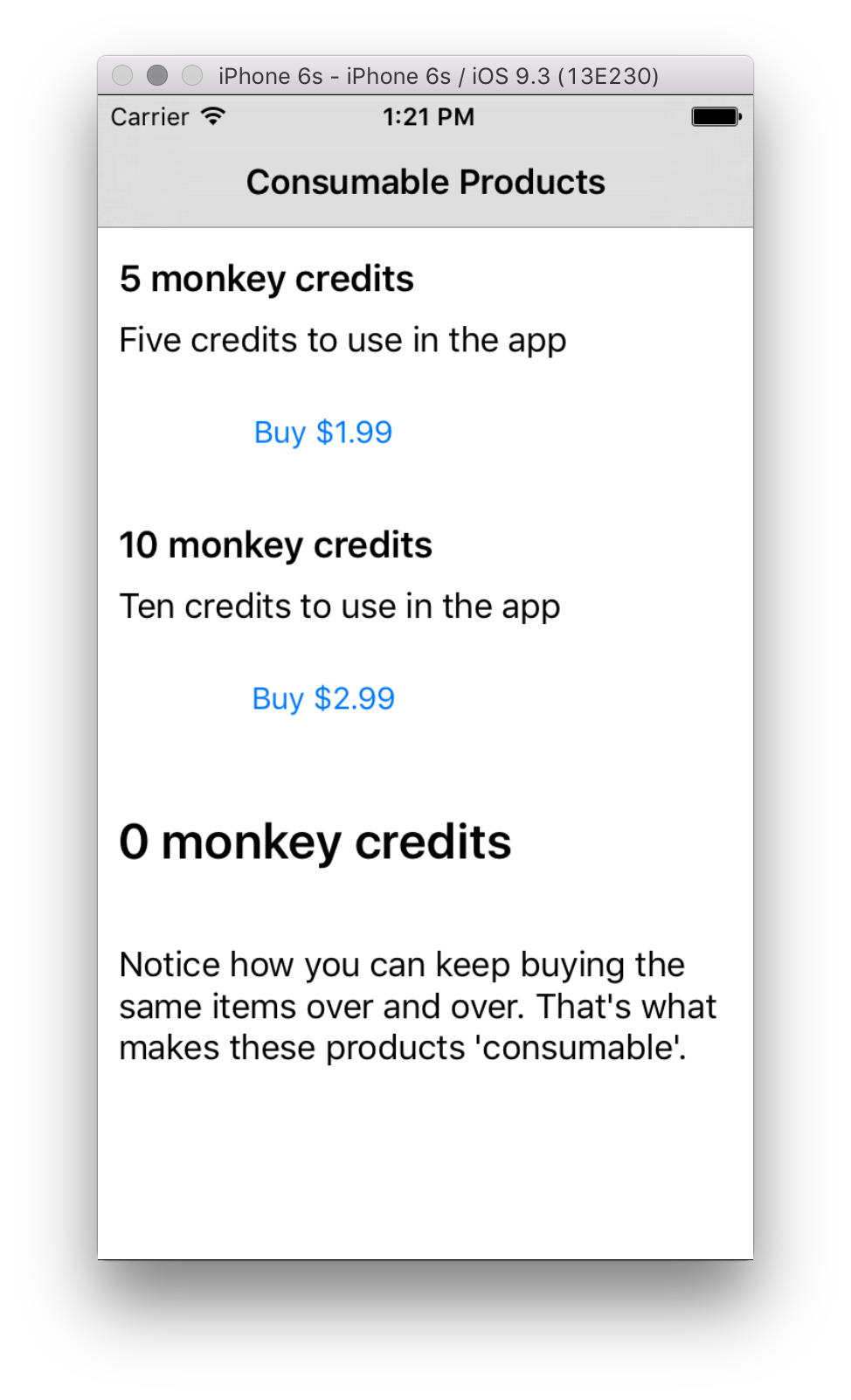 The main screen displays information products retrieved from the App Store