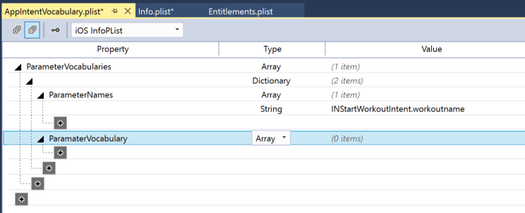 Add the ParameterVocabulary key to the ParameterVocabularies key with the Type of Array