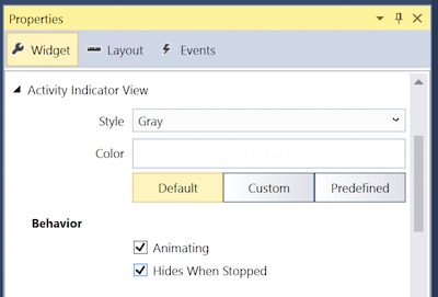The Widget tab for an activity indicator The Widget tab for an activity indicator
