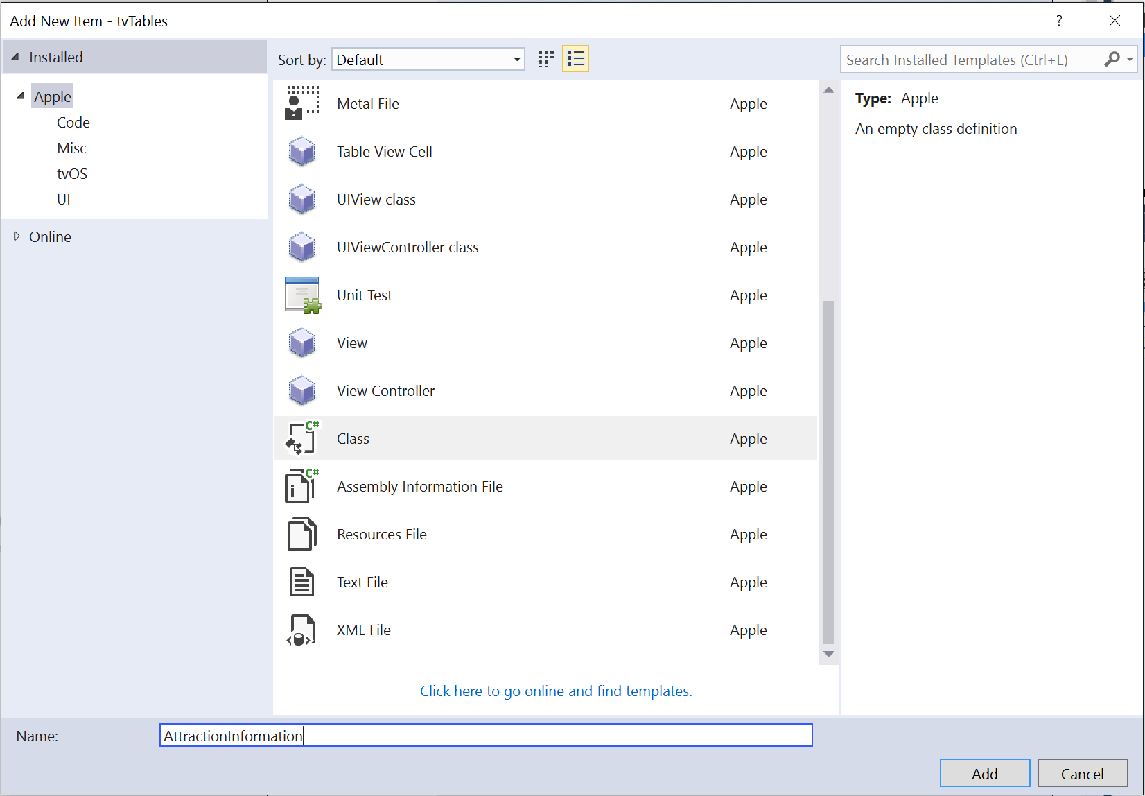 Select Class and enter AttractionInformation for the Name