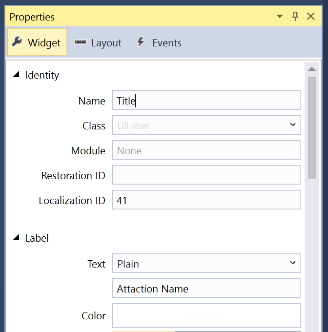 The Widget Tab, where you can assign a Name for each U I element.