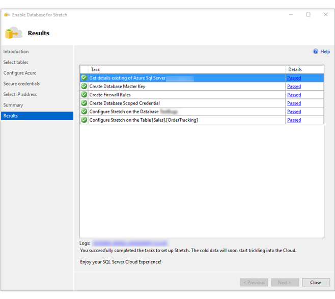 Screenshot showing the Results page of the Stretch Database wizard.