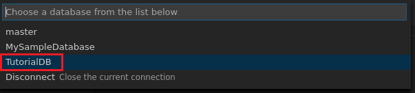Screenshot of Visual Studio code G U I , choosing a database.