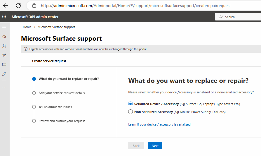 Screenshot of entering a service request for device replacement or repair.