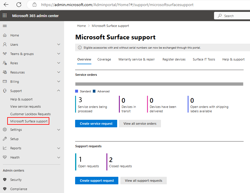 Screenshot of Surface Support Portal.