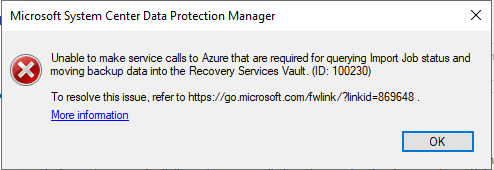 Screenshot of error screen for Azure recovery services agent.