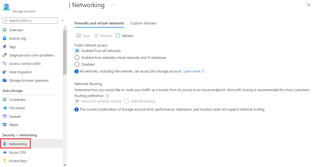 Screenshot that shows the firewall options for storage accounts.