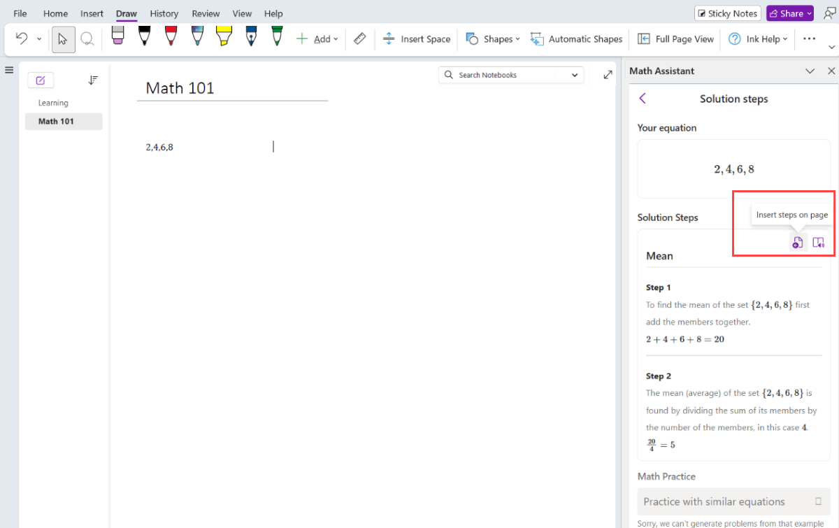 Screenshot of the insert steps option in OneNote Math Assistant.