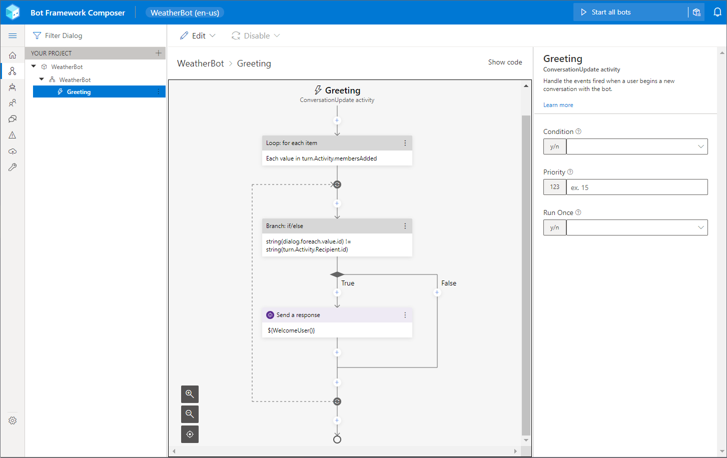 Screenshot of Azure Bot Framework Composer agent.