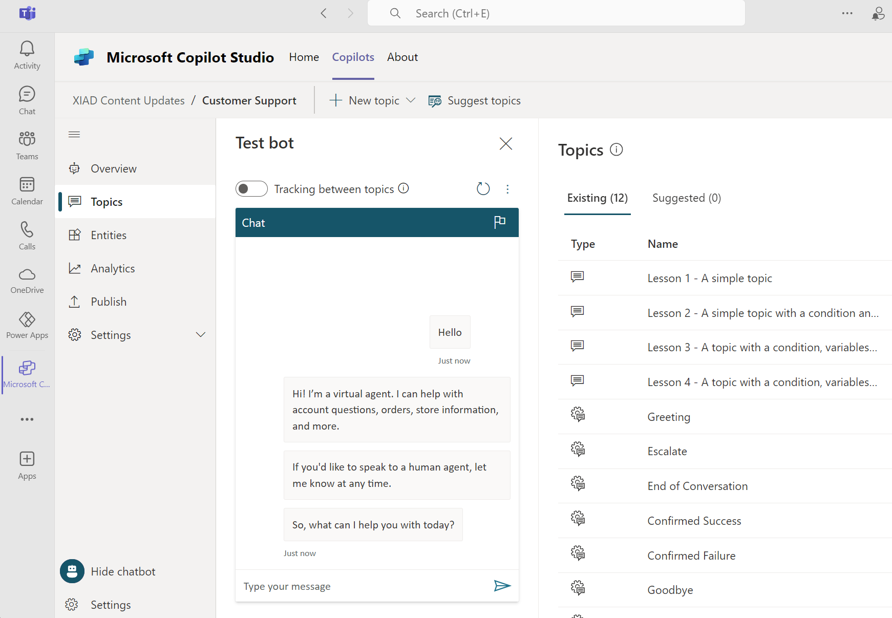 Screenshot of Microsoft Copilot Studio in Microsoft Teams.