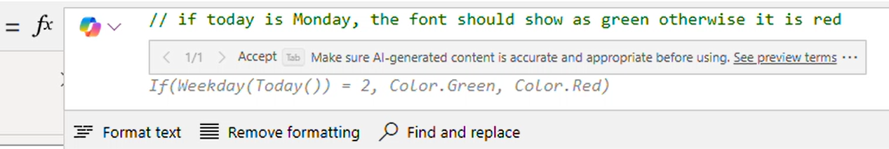 Screenshot of Copilot generating a Power Fx formula from a comment in the formula bar.