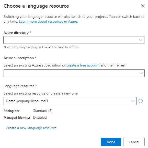 Screenshot of the Choose a language resource dialog, showing the Done option.