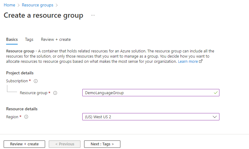 Screenshot of the Create a resource group dialog.