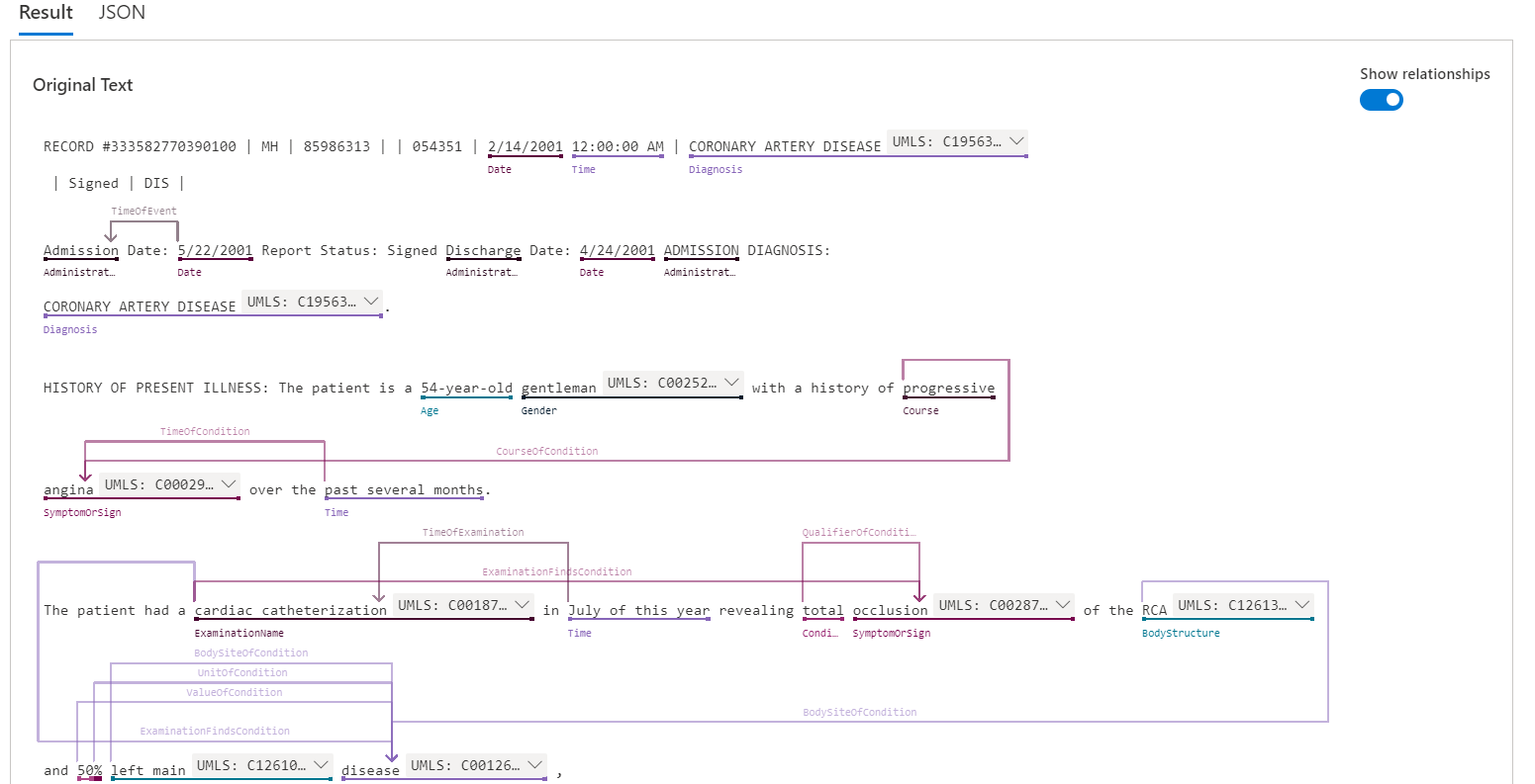 Screenshot of the contenta of the Result tab, showing different entities.