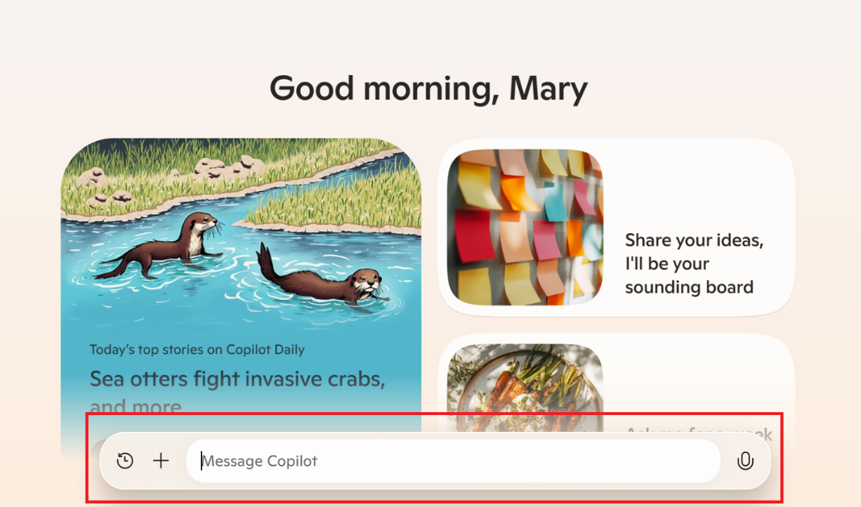 Screenshot showing a user where to message Copilot.