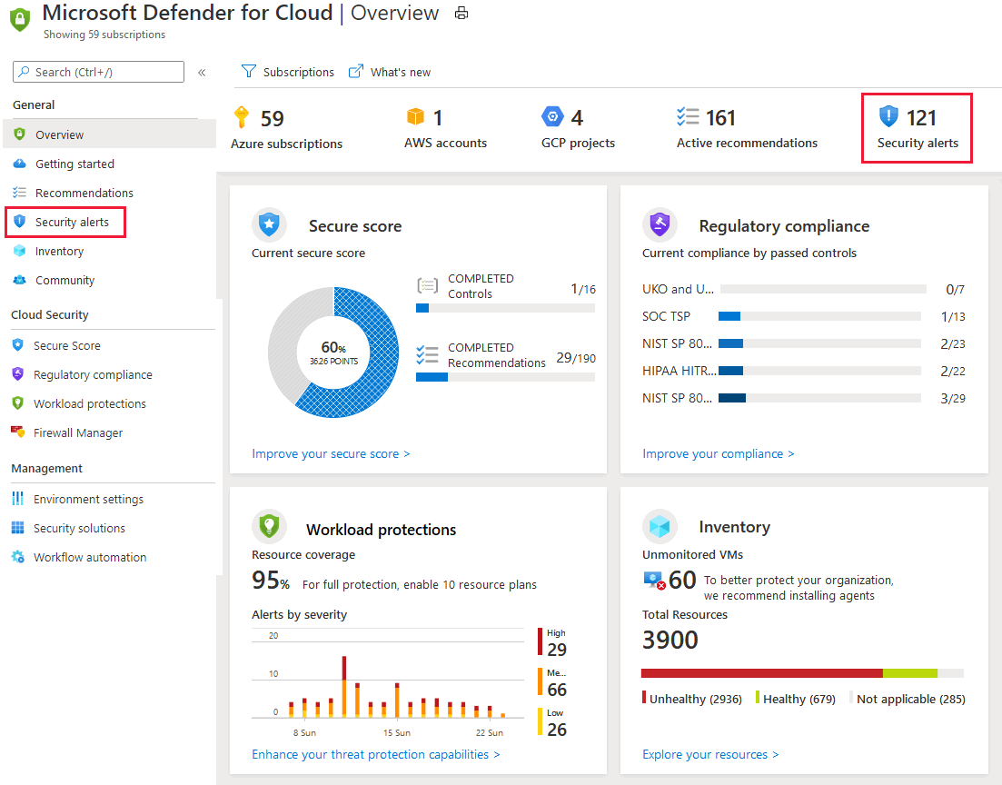 Screenshot showing how to view security alerts in Defender for Cloud.