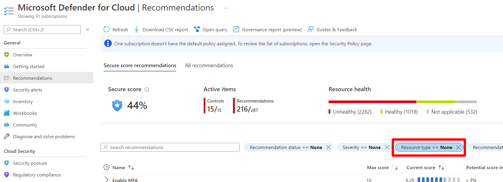 Screenshot showing how to use the resource filter to review the outstanding recommendations.