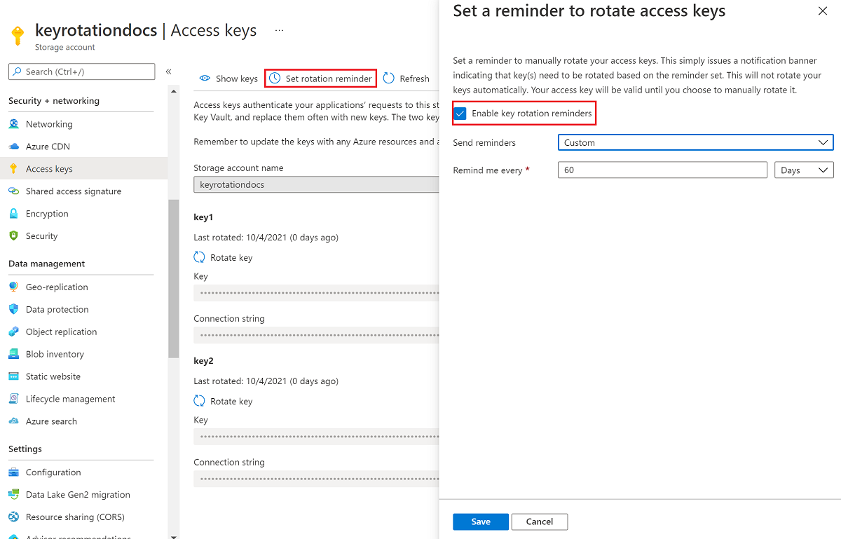 Screenshot showing how to set a reminder to rotate keys.