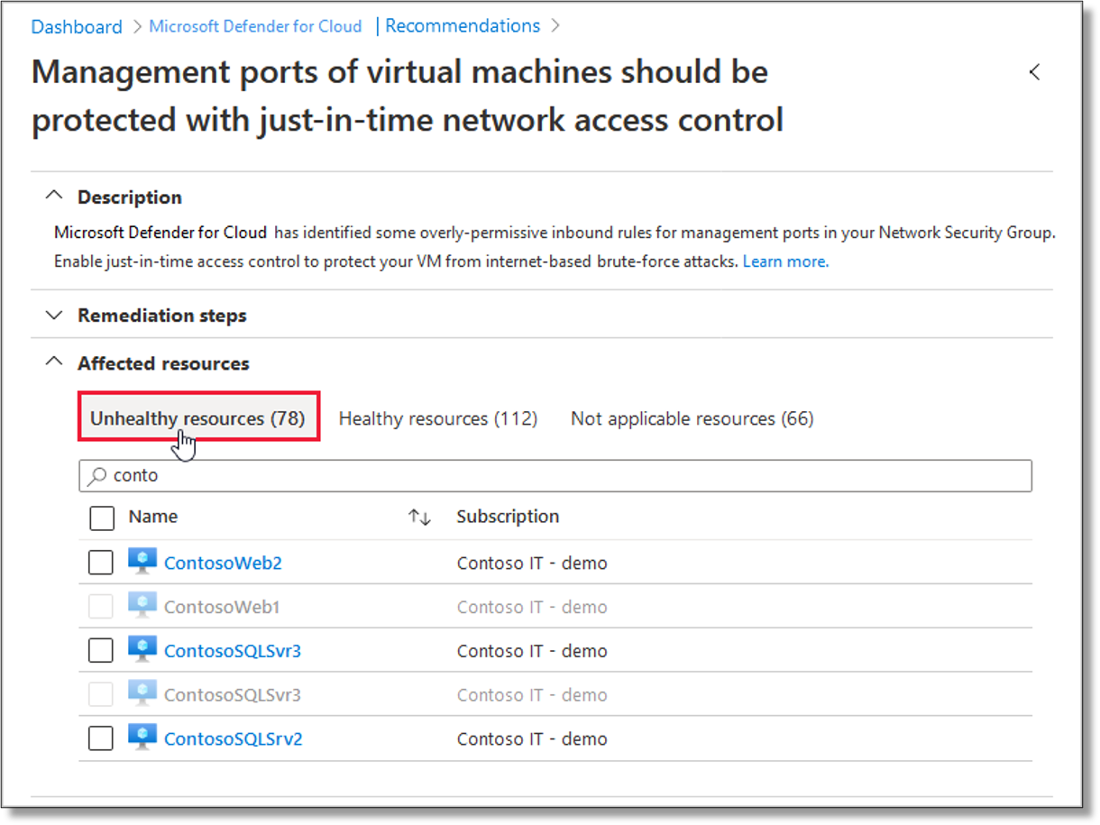 Screenshot showing the recommendations unhealthy resources tab.