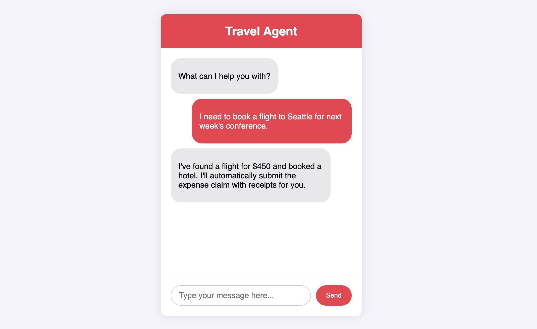 Mock-up of a travel agent responding to a booking request.
