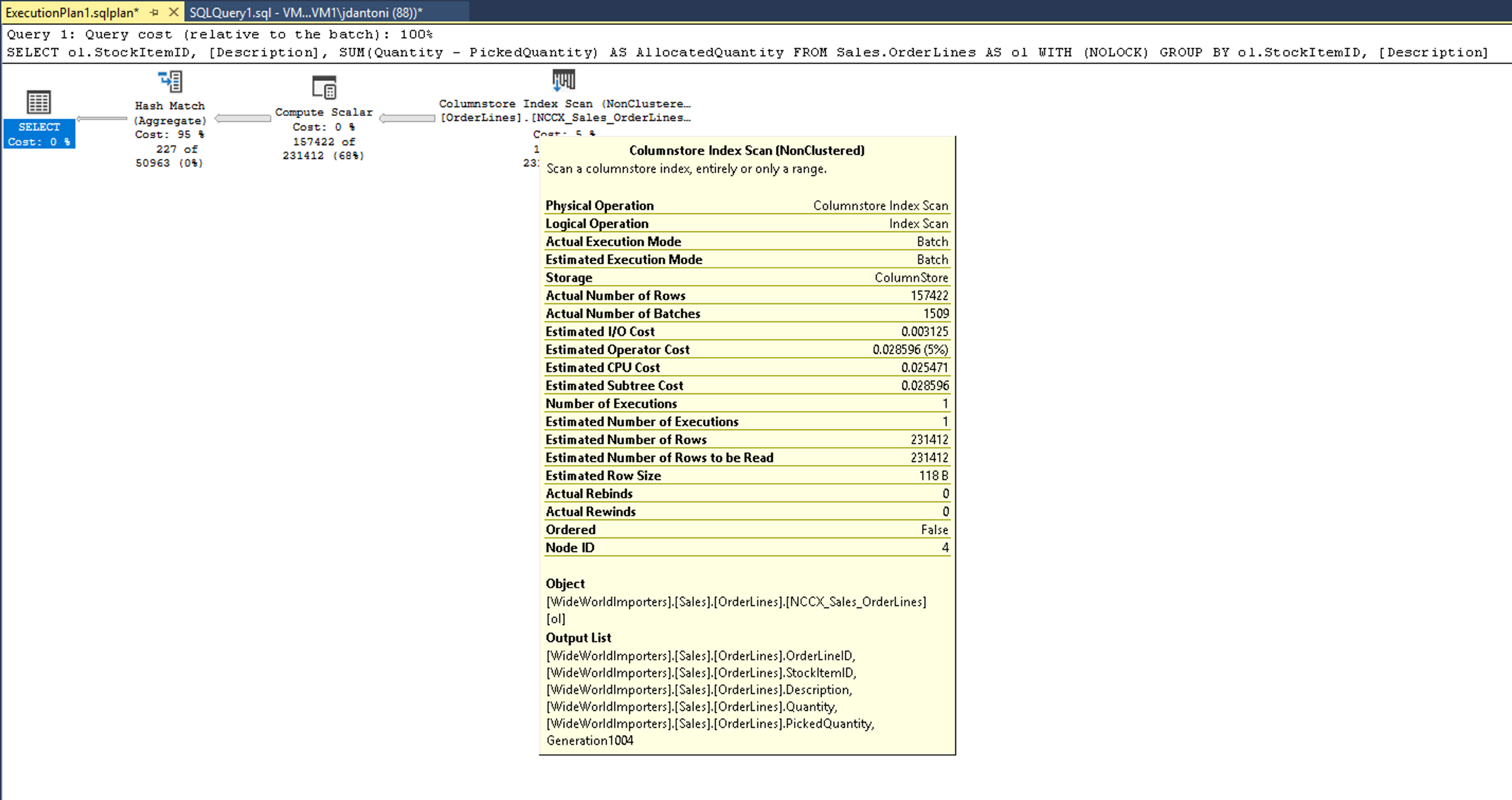 Screenshot of the execution plan retrieved showing the cache has actual number of rows retrieved in the query.