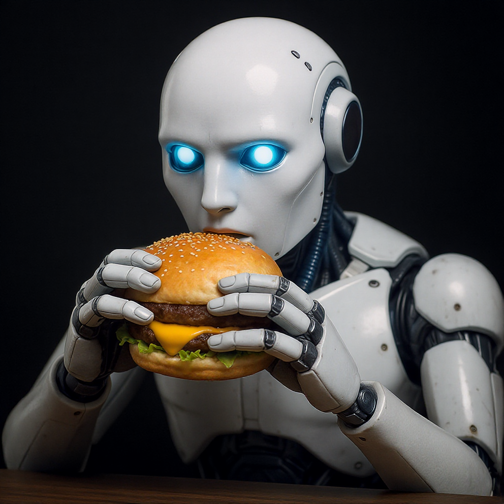 An illustration of a robot eating a cheeseburger.