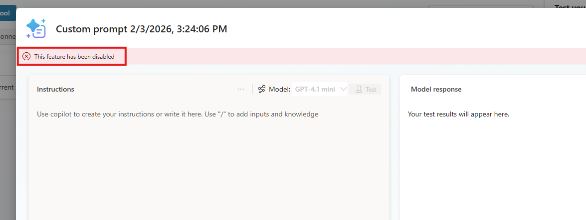 Screenshot of Copilot Studio interface that shows the disabled AI prompts feature with error notification at the top.
