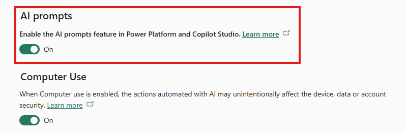 Screenshot of the AI prompts section in Power Platform that shows the enable toggle active, warning about device and data security, and info link.