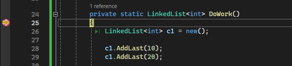 Screenshot that shows the debugger paused on a set breakpoint in Visual Studio 2022.