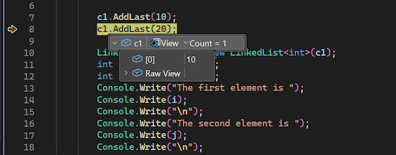 Screenshot that shows how to view data tips for code variables in the Visual Studio debugger.
