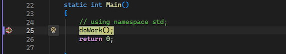Screenshot that shows the debugger paused on a set breakpoint in Visual Studio.