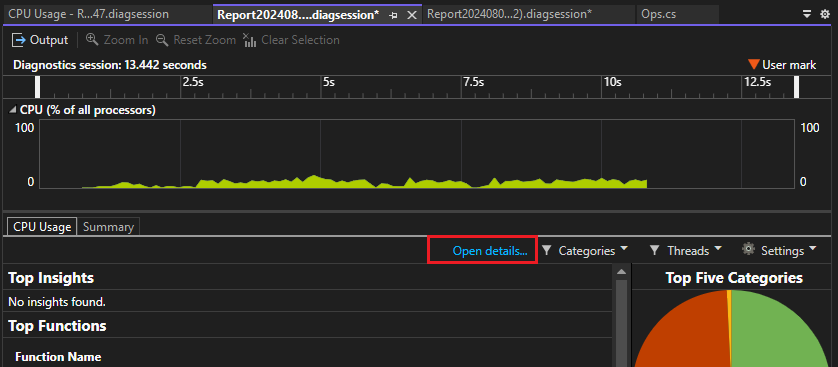 Screenshot of opening details in CPU Usage tool.