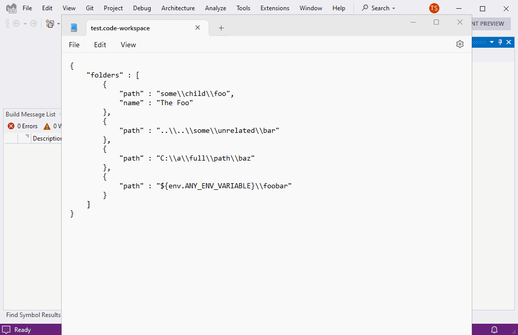 An image showing the open multi-folder feature of Visual Studio