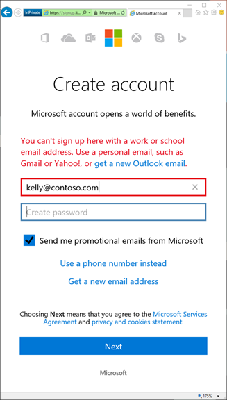 Screenshot of the Create account dialog showing the error message. Can't create an account with work email