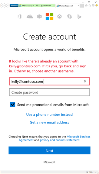Screenshot showing the error message for existing work accounts. Work/school accounts supported