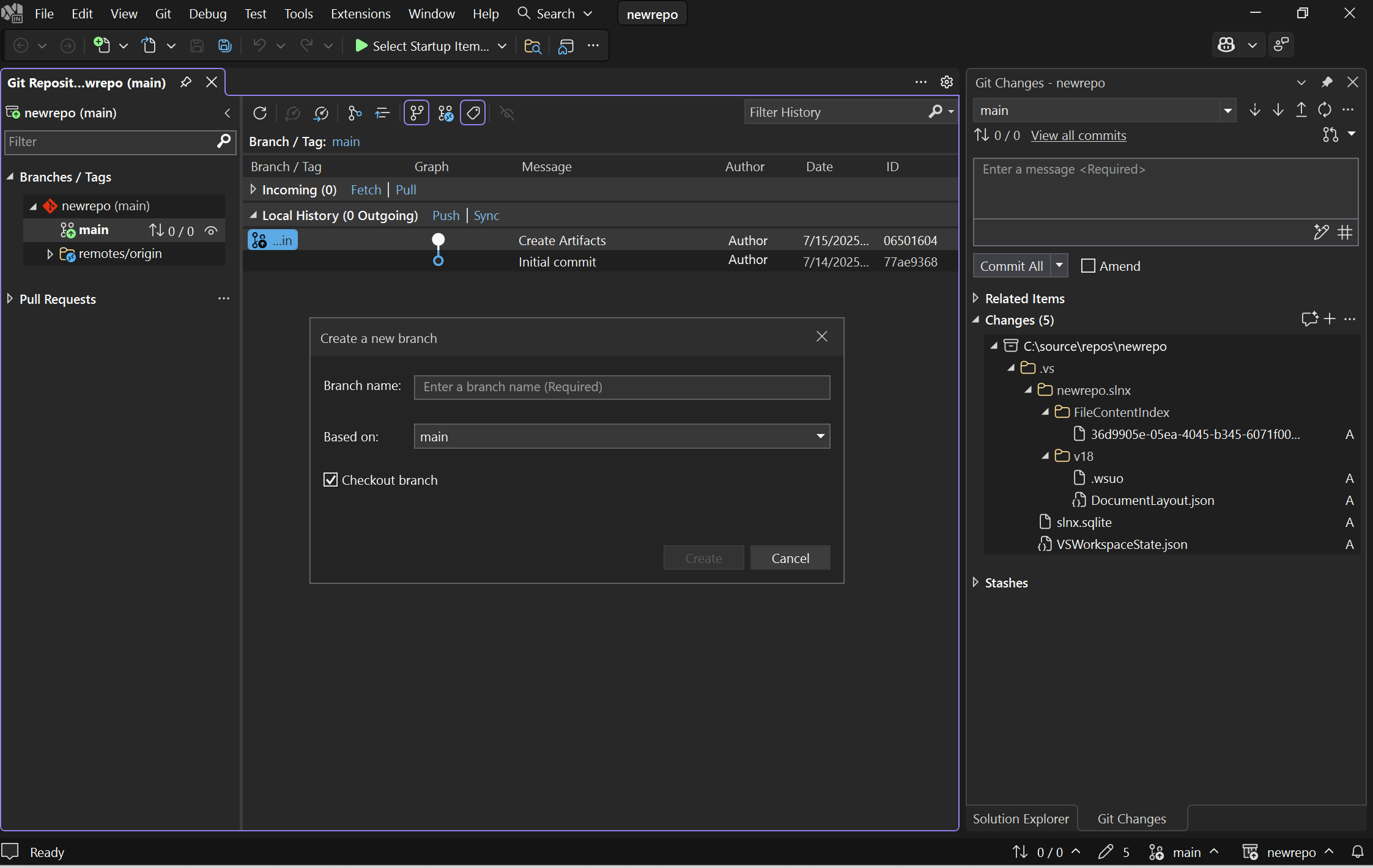 Screenshot showing the Visual Studio IDE. The Create a new branch window and the Git Changes tab in Solution Explorer are shown.