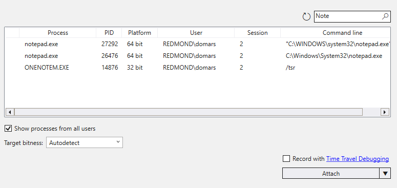 Screenshot of the Attach to a Process dialog in WinDbg.