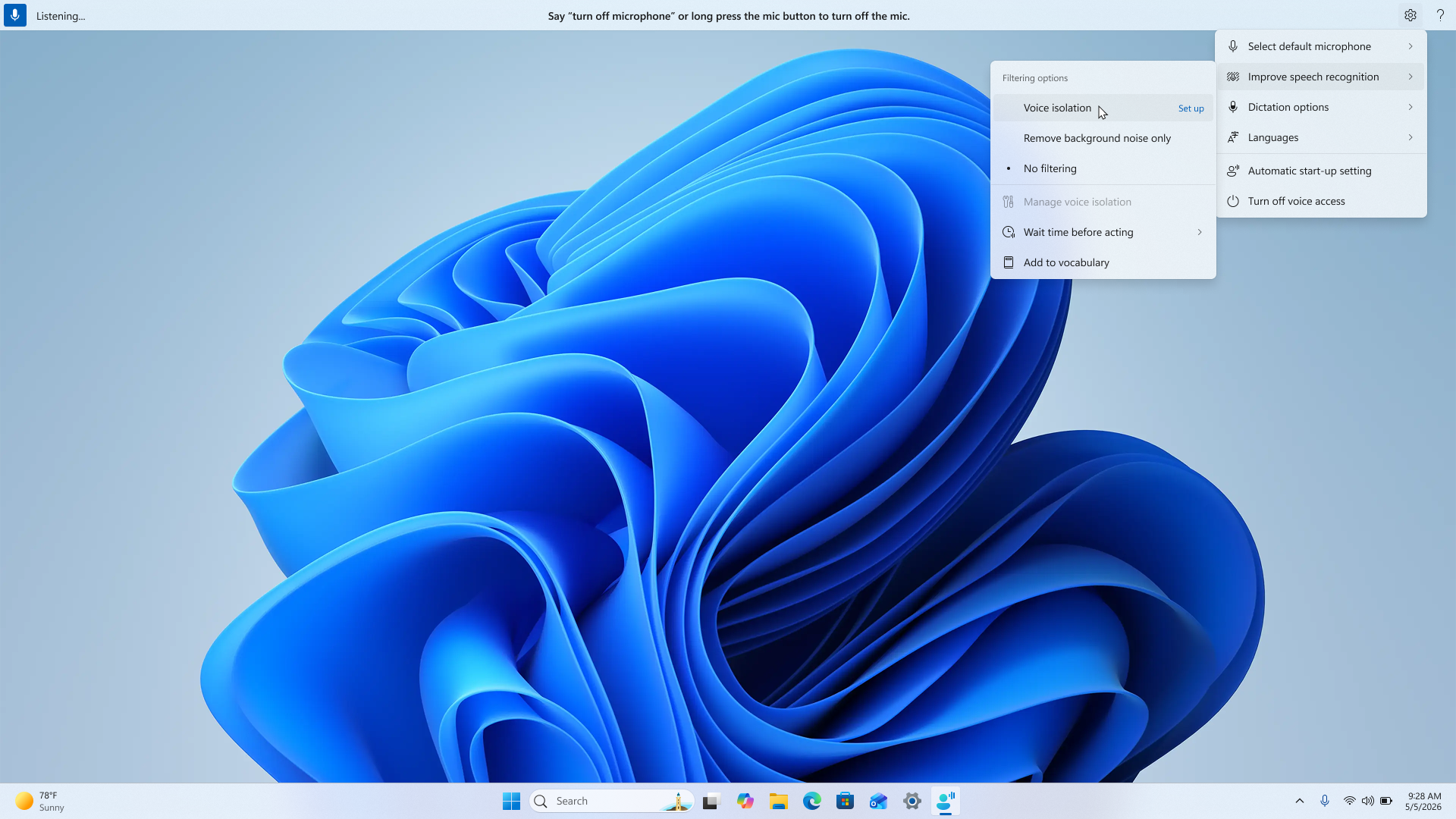 Screenshot showing where the voice isolation setting can be found.