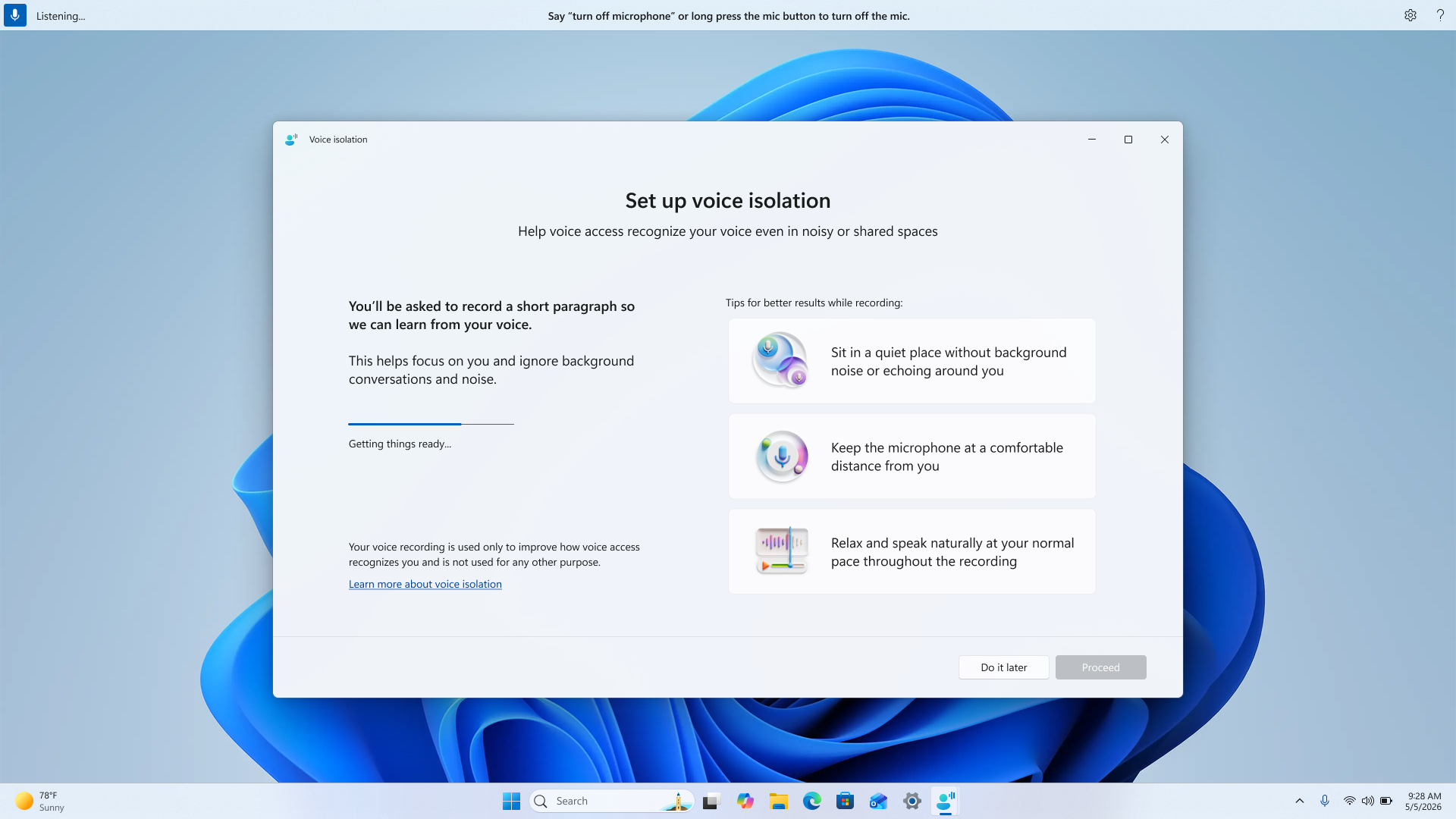 Screenshot showing voice isolation setup