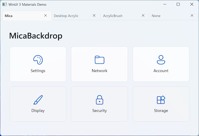 Screenshot of a WinUI 3 app with MicaBackdrop applied, showing a subtle blue-gray background tinted by the user's desktop wallpaper.