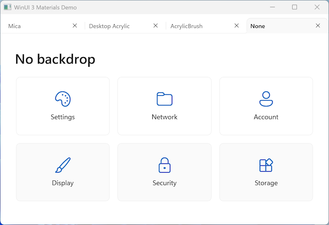 Screenshot of a WinUI 3 app window with no material applied, showing a flat white background.