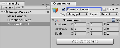 Screenshot of the Hierarchy panel with Camera Parent selected. The Inspector panel
