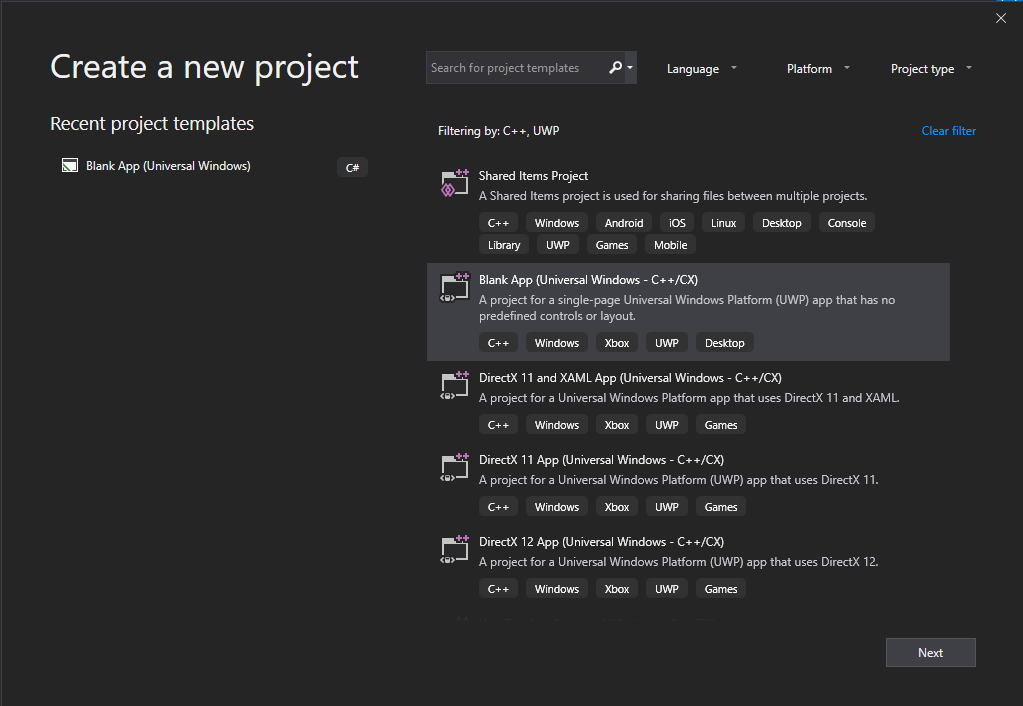 C++/CX project templates in the Create a new project dialog box