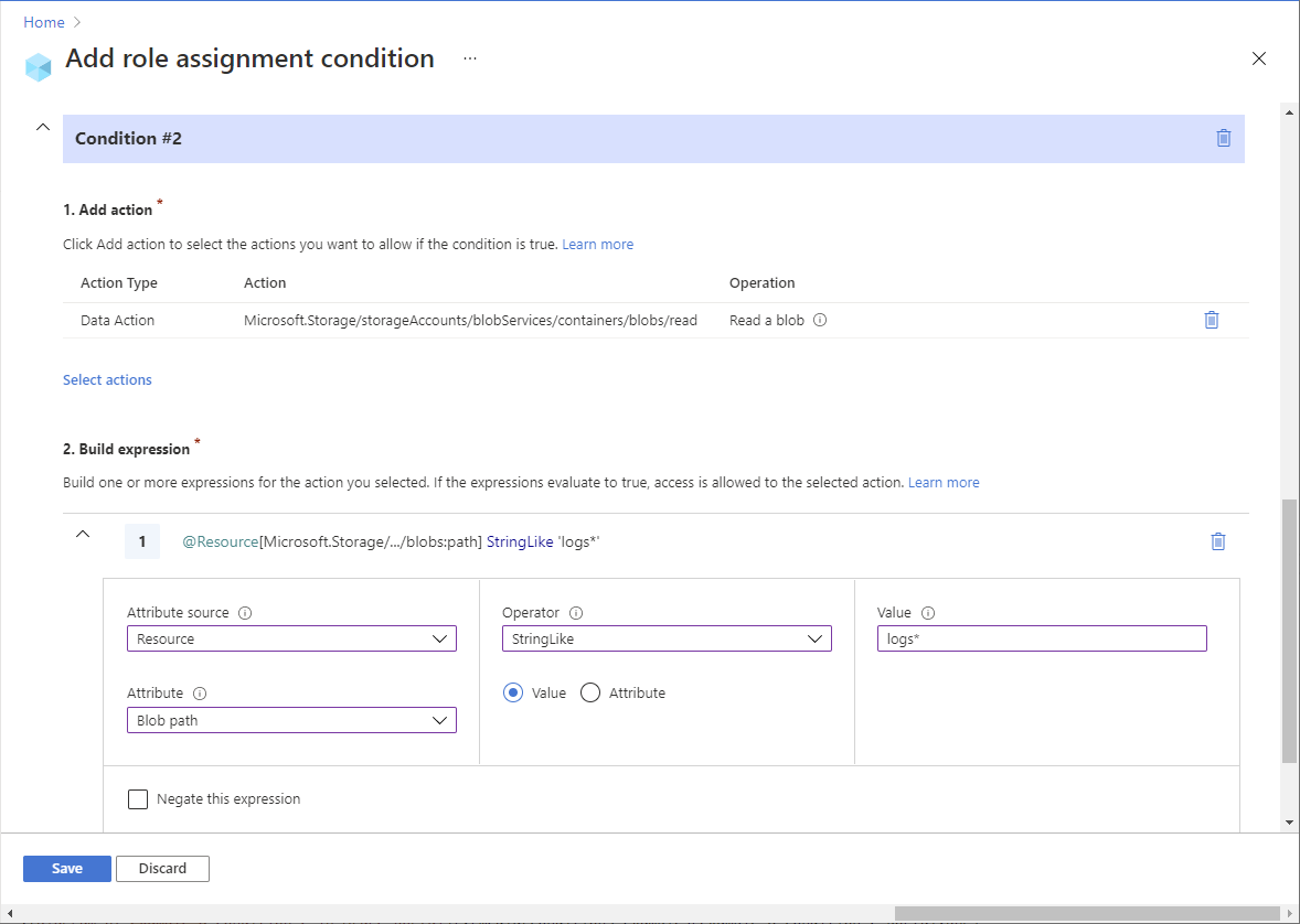Screenshot of condition 2 editor in Azure portal showing read access to blobs with a blob index tag and a path.