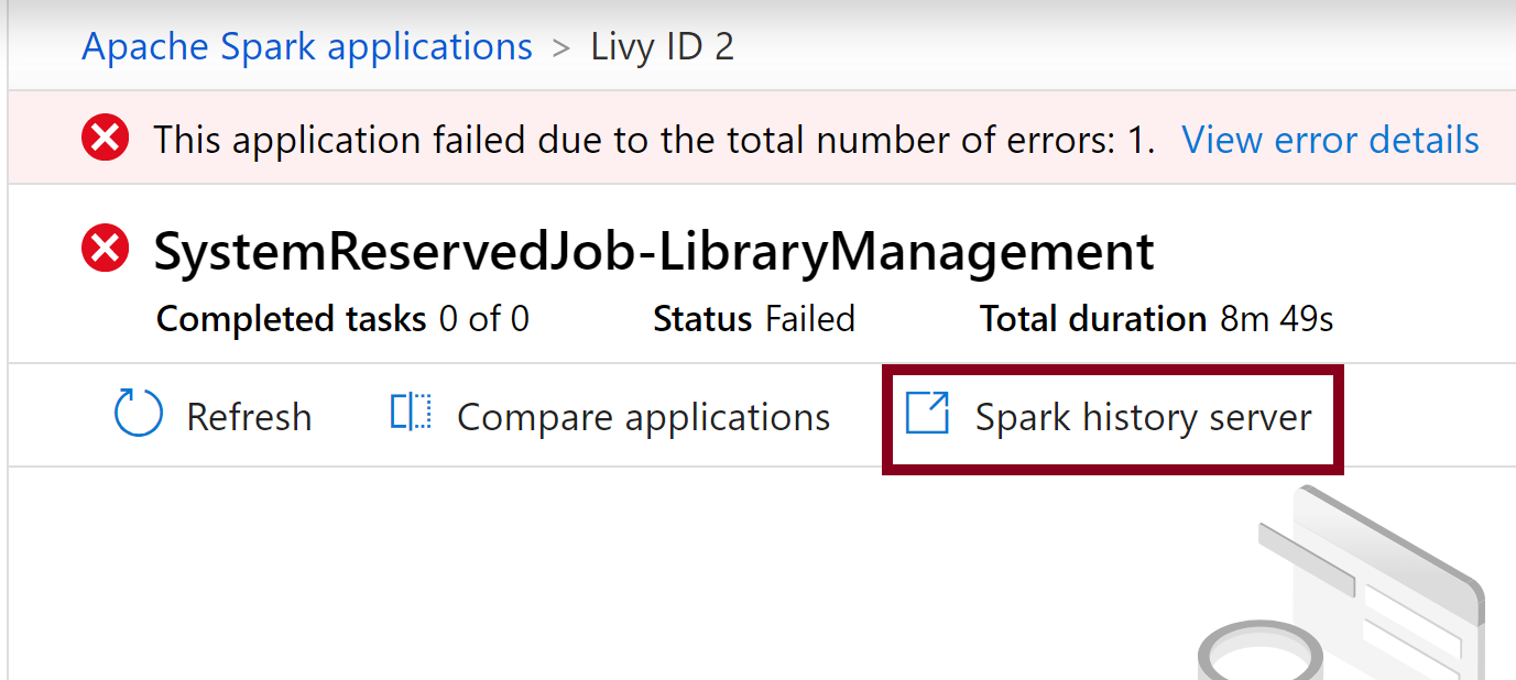 View details of failed system library job Screenshot that highlights the details of the failed system reserved library job.