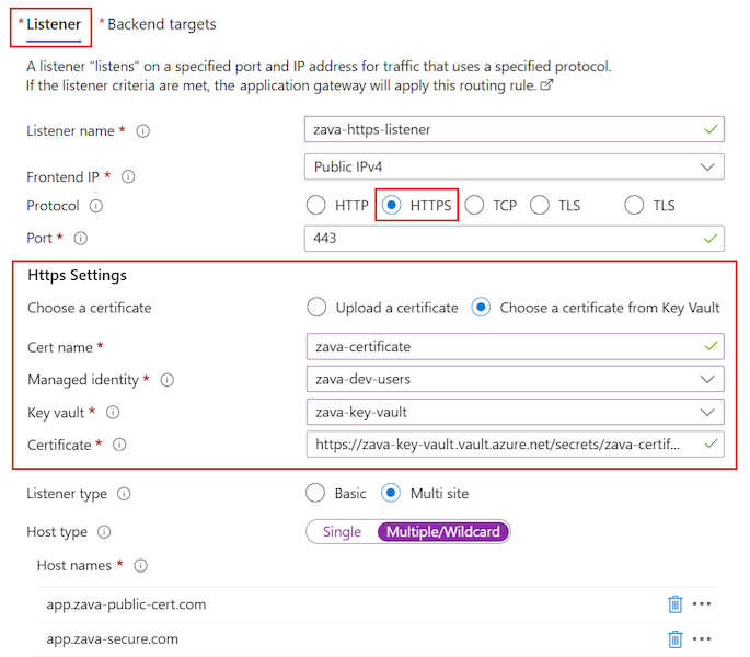 Screenshot that shows how to configure the listener for an HTTPS routing rule for the application gateway.