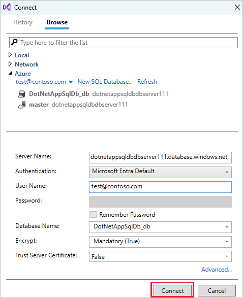 Screenshot that shows configuring the database connection from Visual Studio.