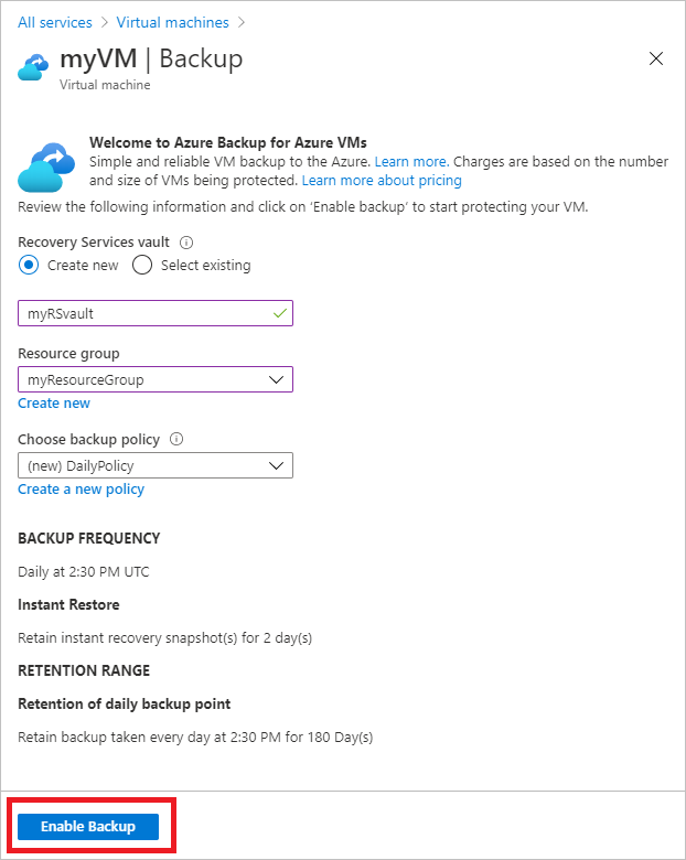 Screenshot that shows selecting Enable Backup.