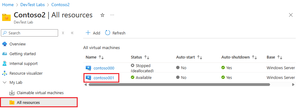 Screenshot that shows a VM selected on a lab's All resources page.