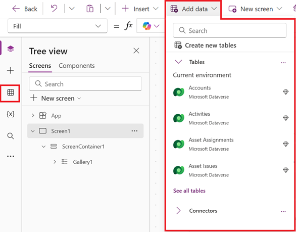 Screenshot that shows how to add data from the Add data dropdown list.